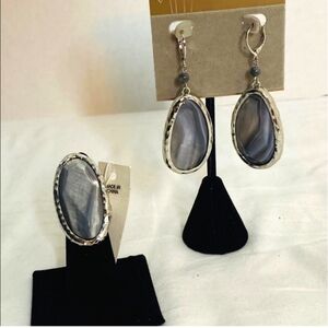 NWOT Silvertone Lg Ring & Earring Set w/Stormy Grey Stones